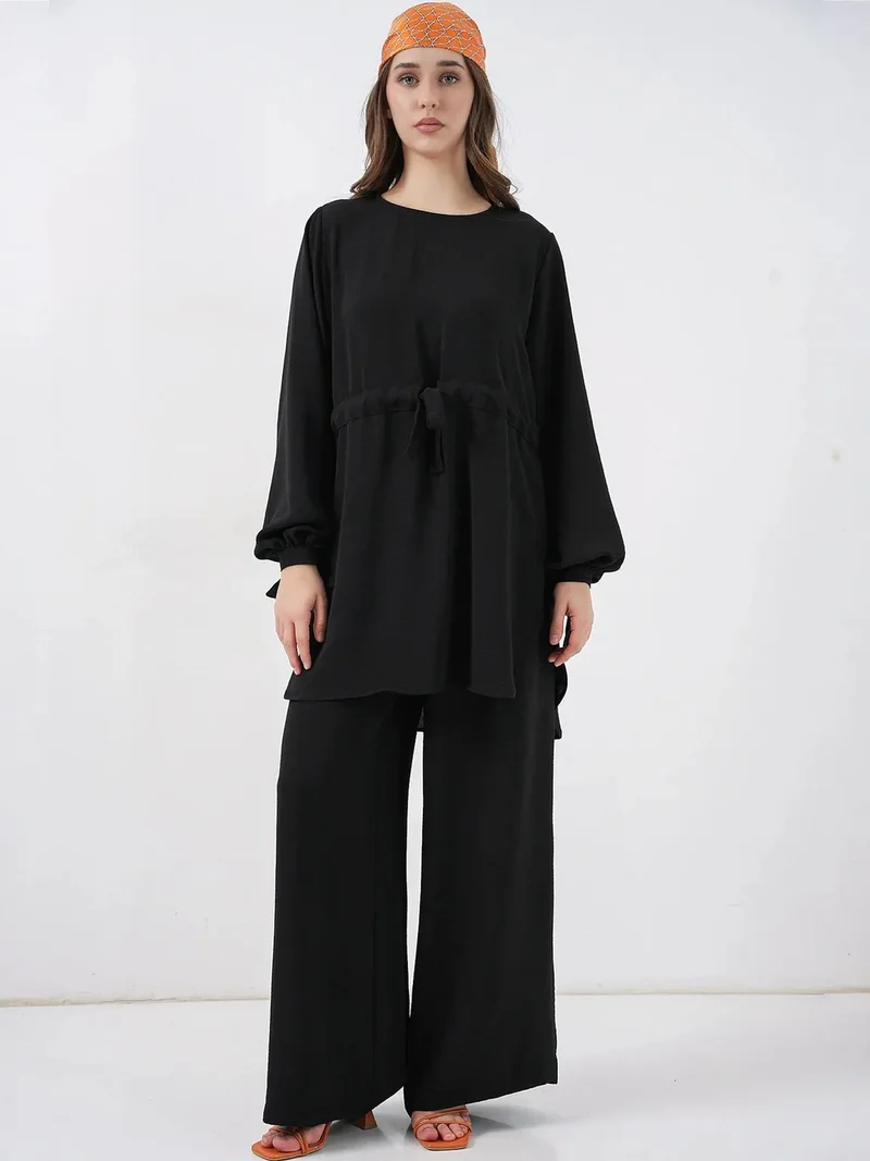 BIG DART BDART Crew Neck Tie Detail Tunic and Wide Leg Pants Set